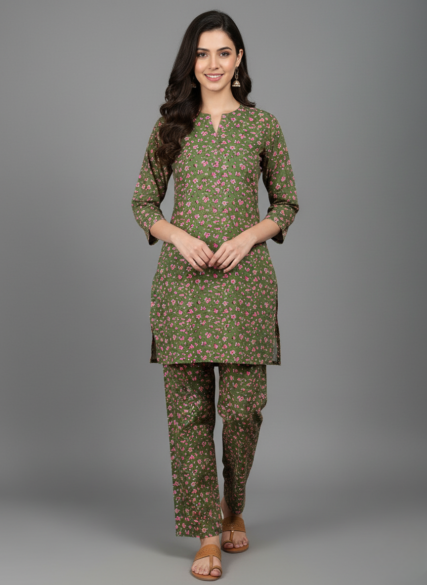 2 PC Printed Linen Dress Green / Medium 2 PC Printed Linen Dress Green / Medium