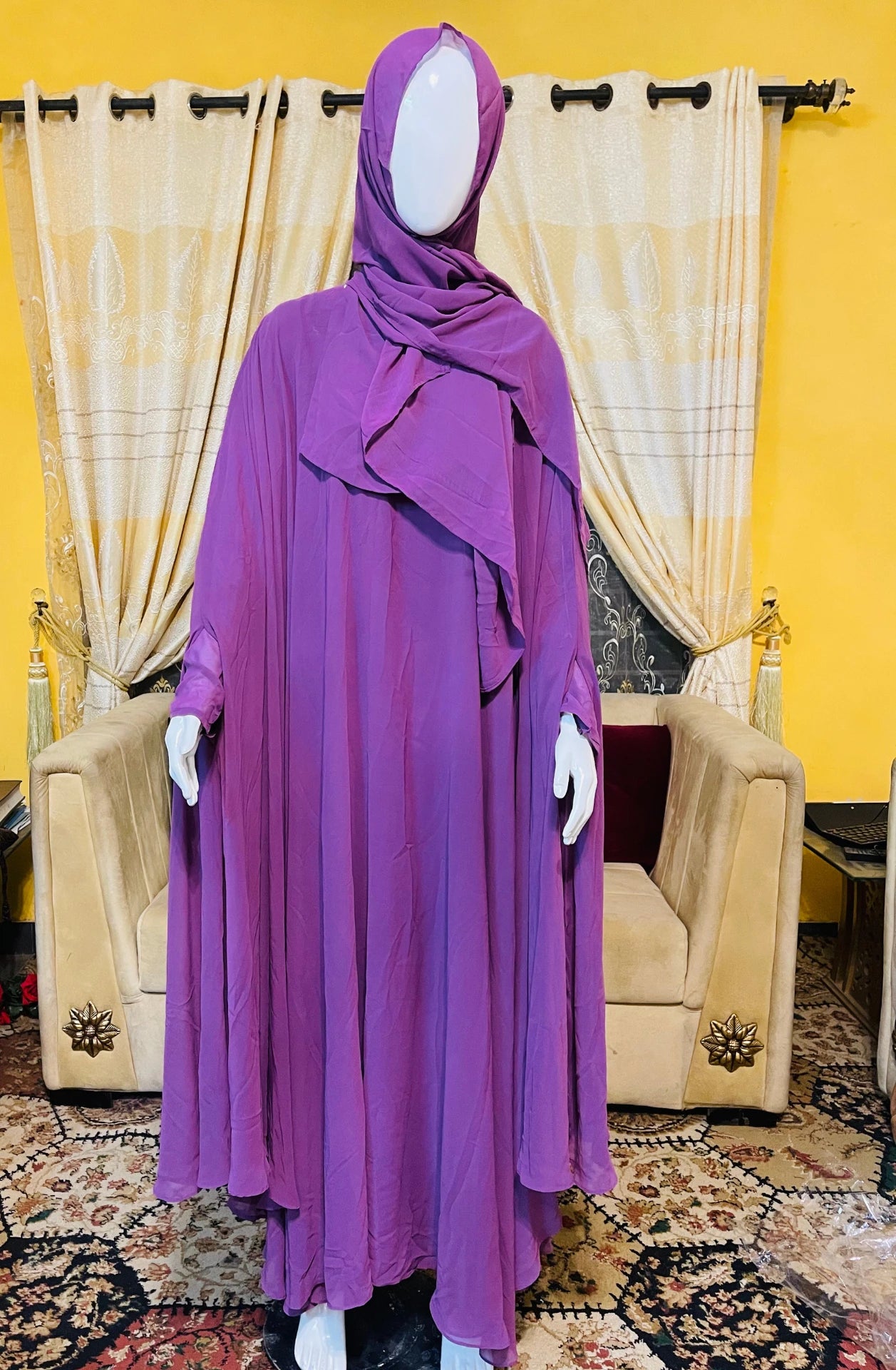 Plain Umbrella Georgette Abaya with Gown, Scarf and Veil