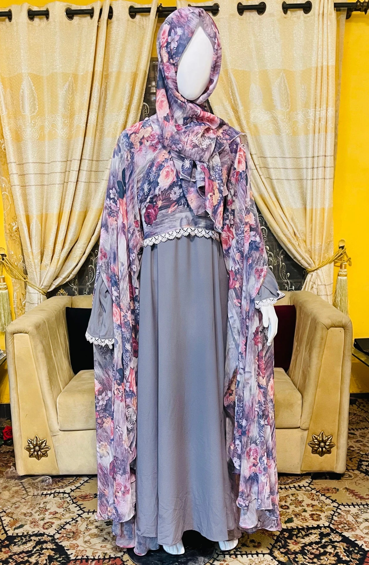 Printed georgette Abaya with Gown Scarf and Veil