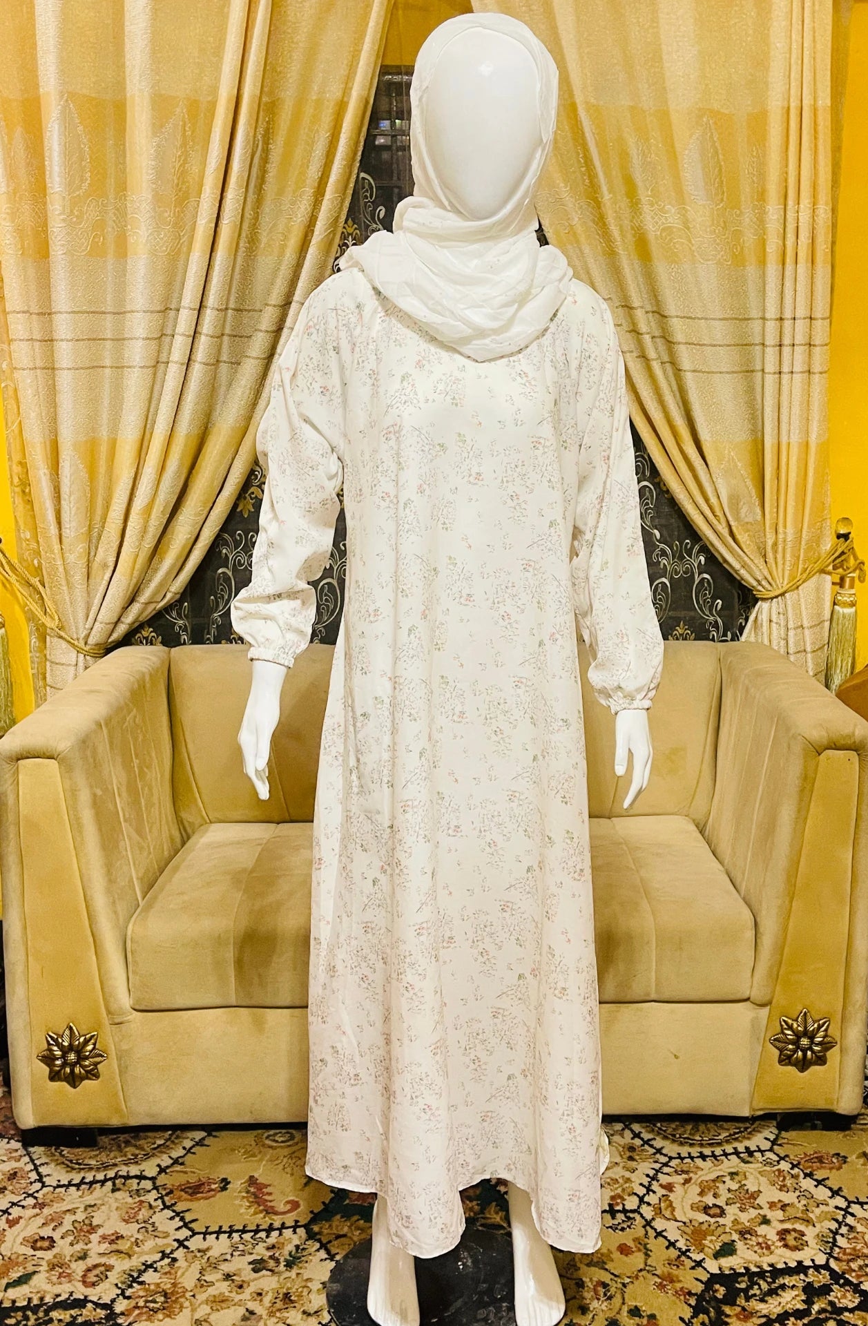 Printed Straight Abaya with Scarf