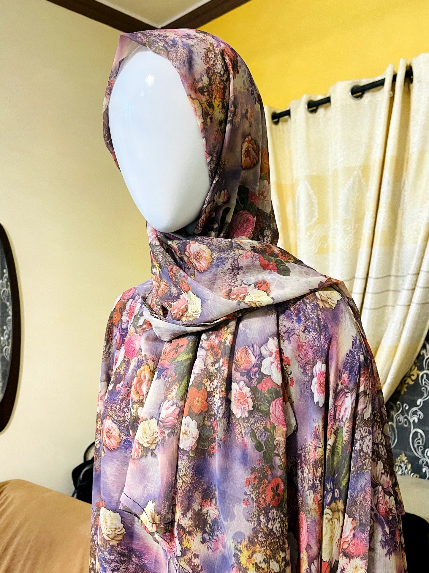 Printed Umbrella georgette Abaya with Scarf and Veil