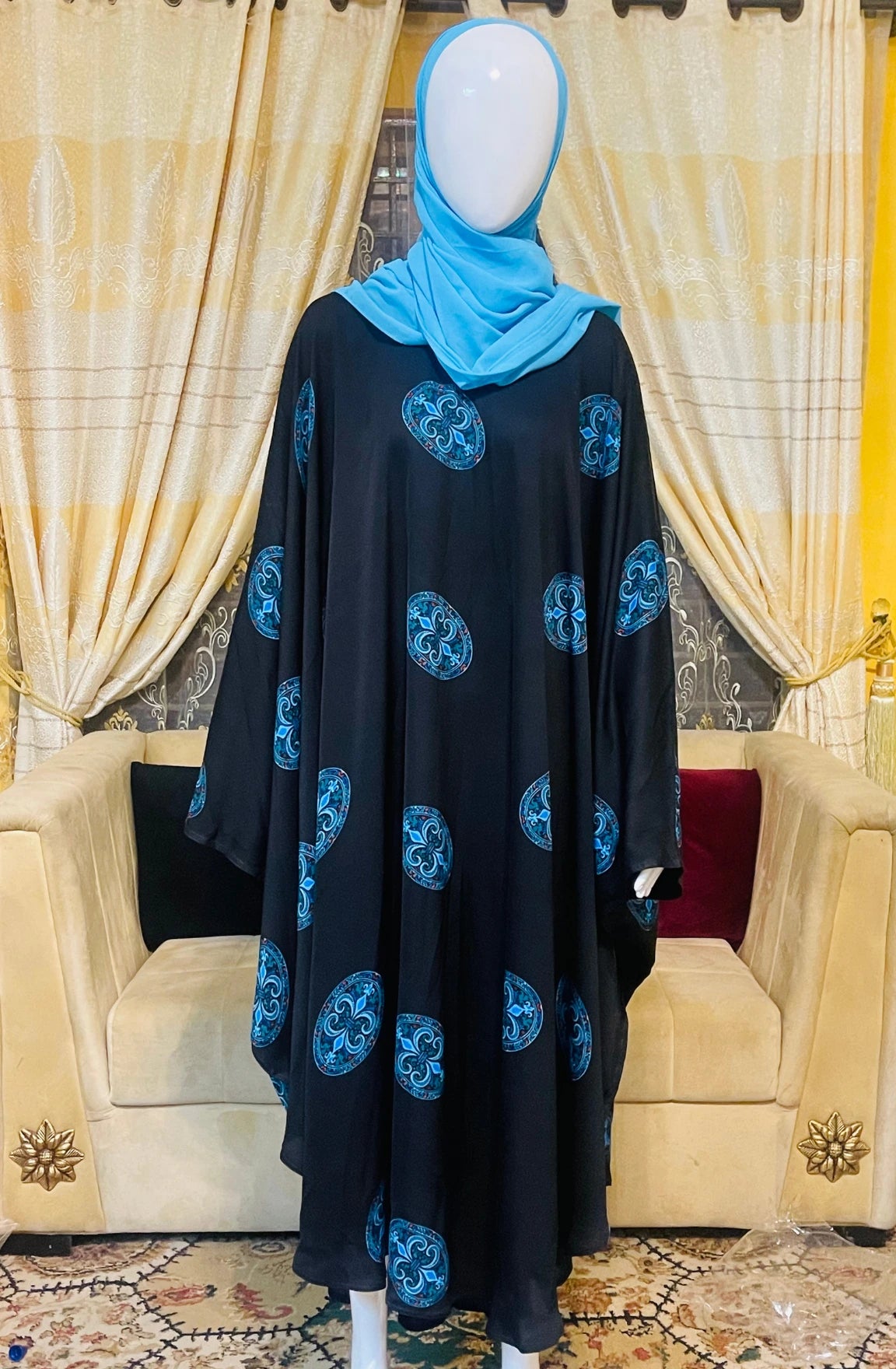 Printed Umbrella Abaya Nida Fabric with Scarf