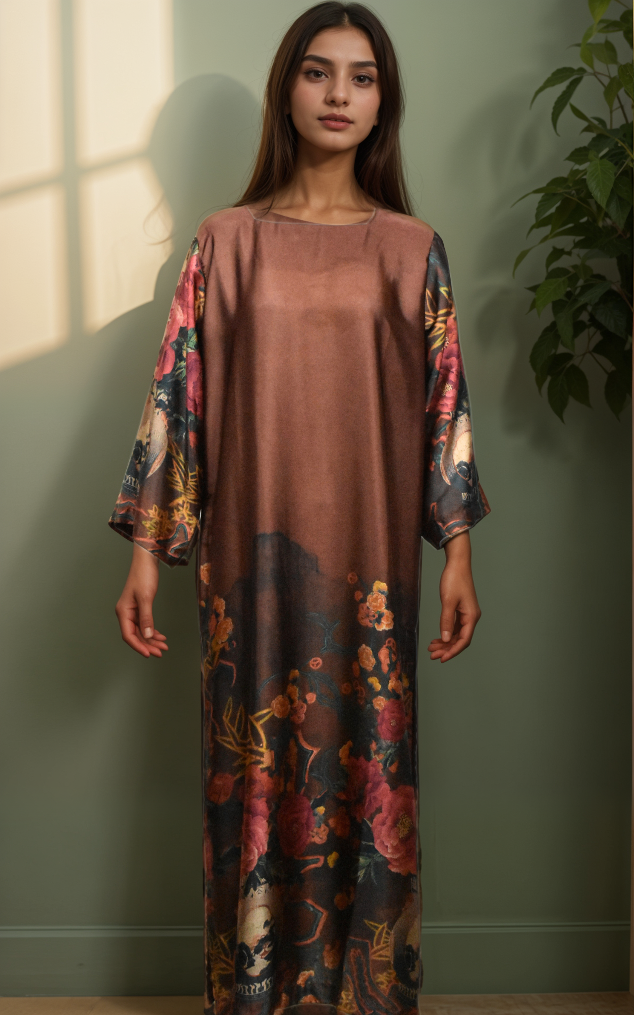 Silky long shirt with self design