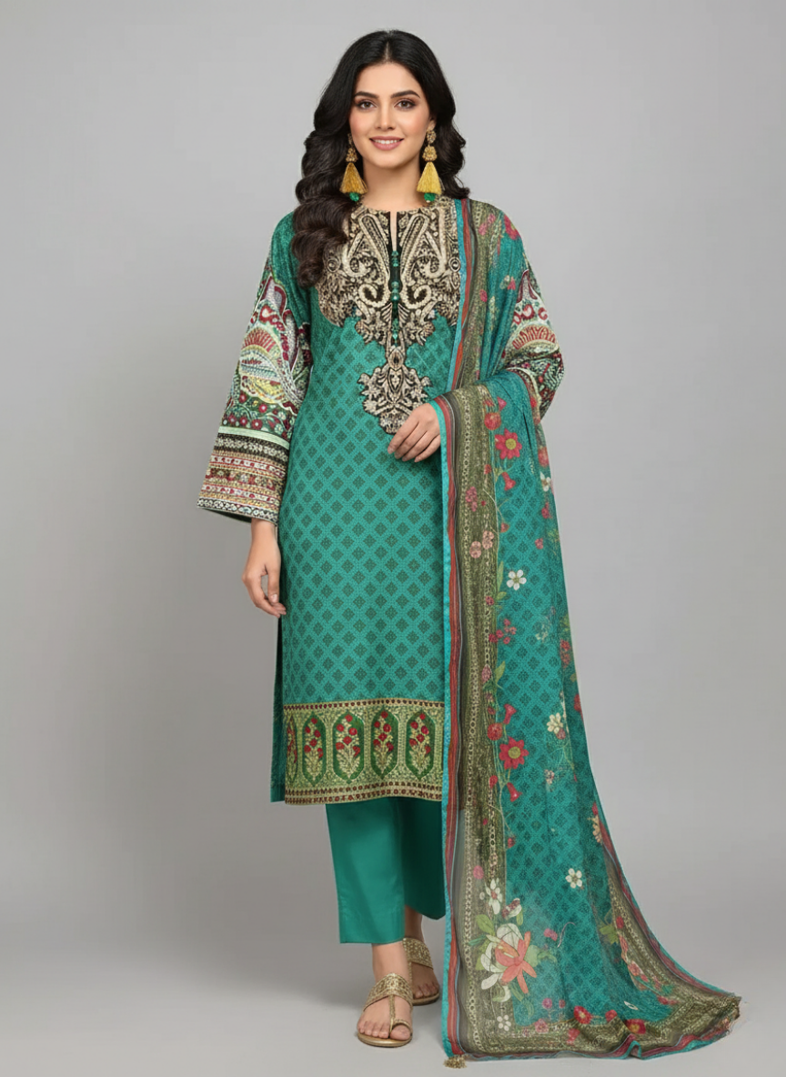J. Embroidered Printed Lawn 3pc Suit