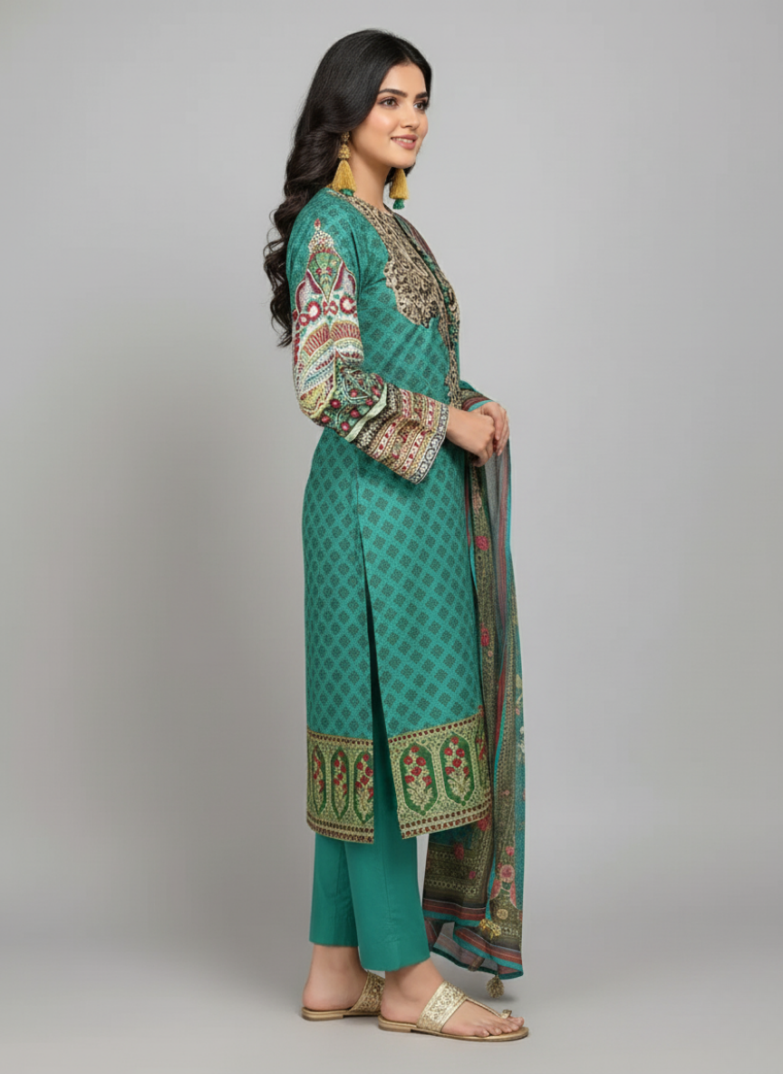 J. Embroidered Printed Lawn 3pc Suit