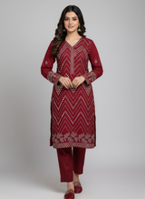Embroidered Chiffon Suit Maroon