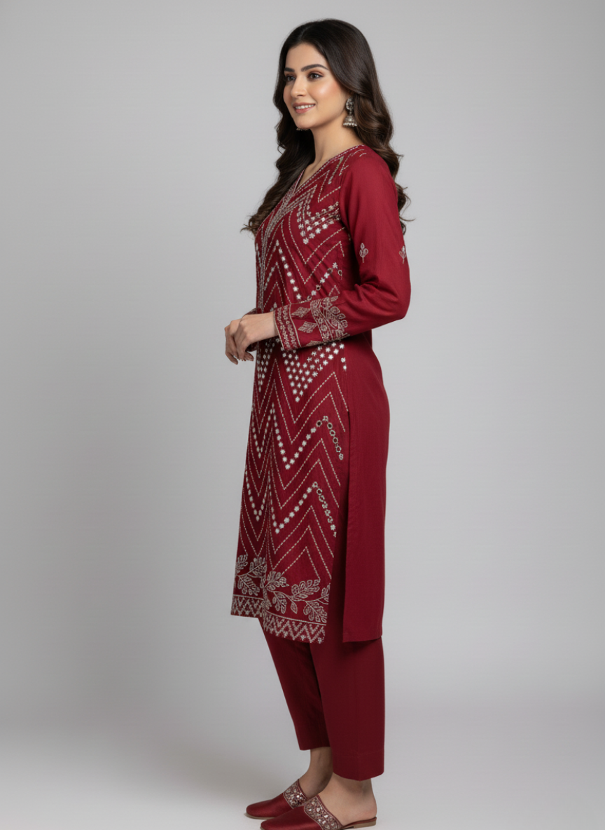 Embroidered Chiffon Suit Maroon