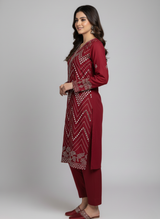 Embroidered Chiffon Suit Maroon
