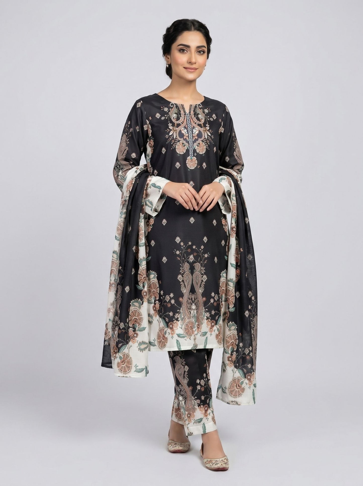 3 pcs Long length Banadorya lawn dress with self print. Comes with plazo and Dupatta