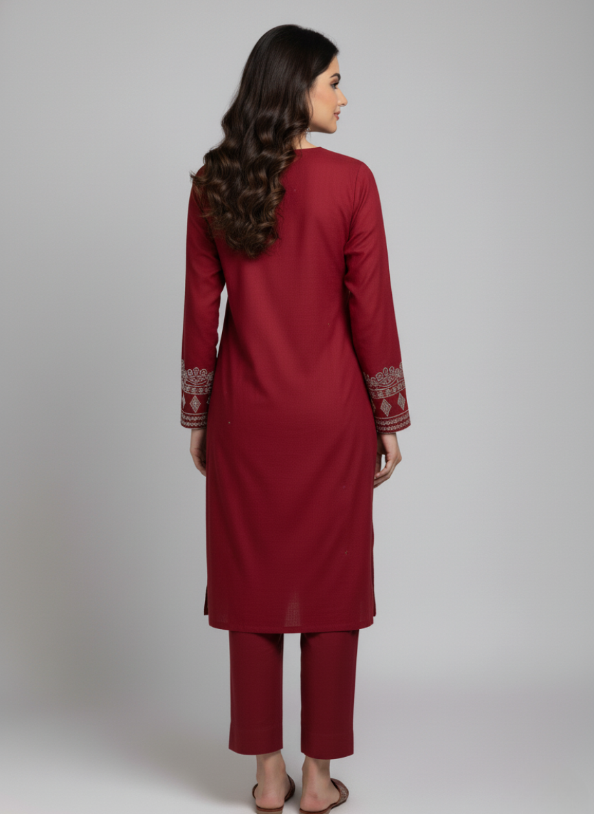 Embroidered Chiffon Suit Maroon