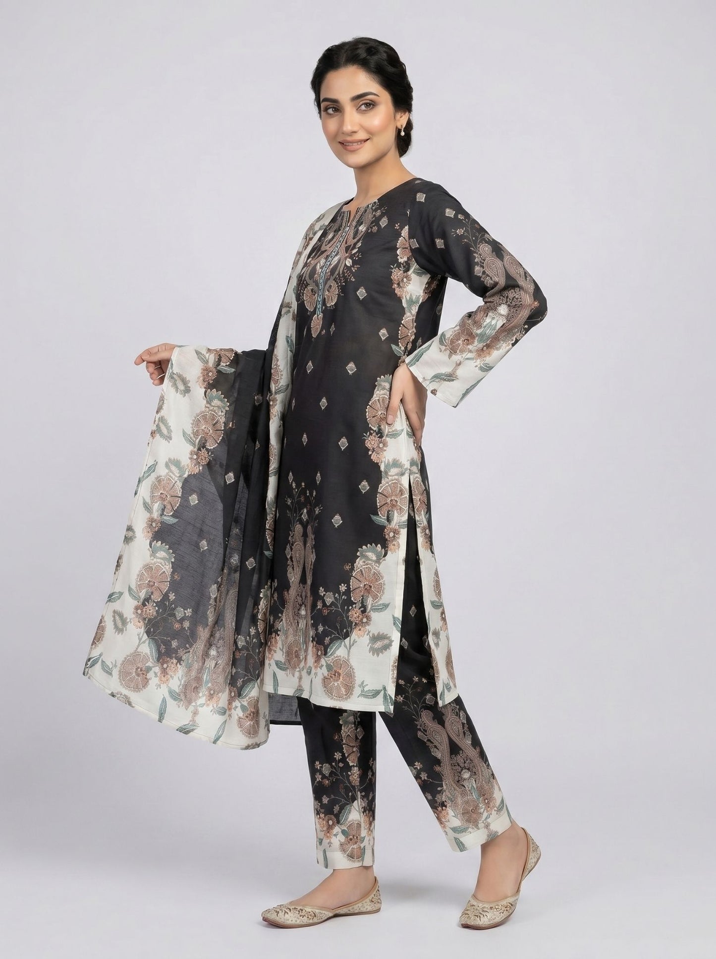 3 pcs Long length Banadorya lawn dress with self print. Comes with plazo and Dupatta