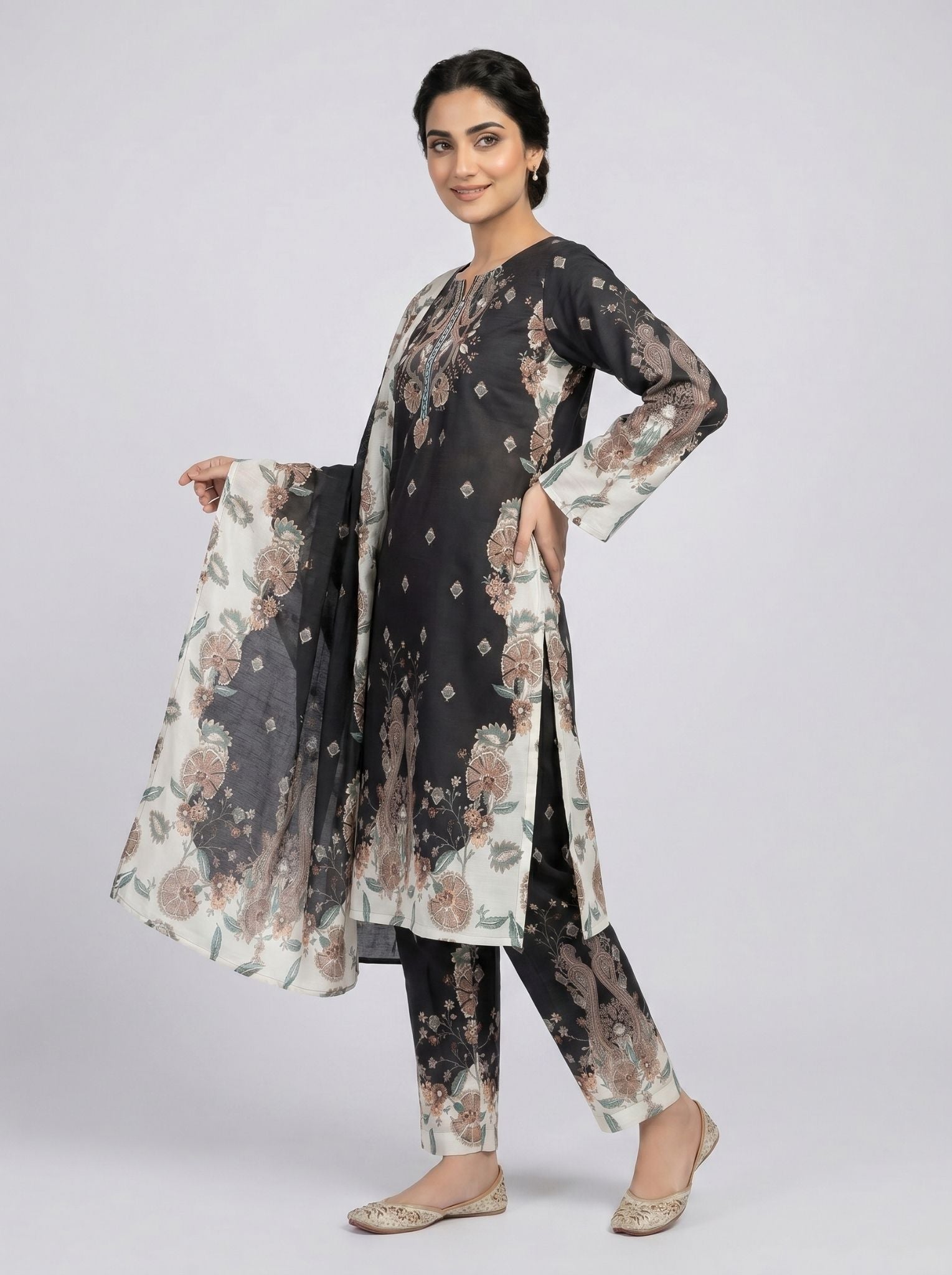 3 pcs Long length Banadorya lawn dress with self print. Comes with plazo and Dupatta