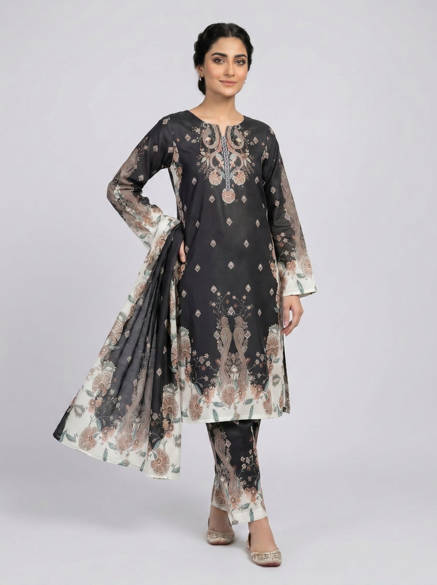 3 pcs Long length Banadorya lawn dress with self print. Comes with plazo and Dupatta