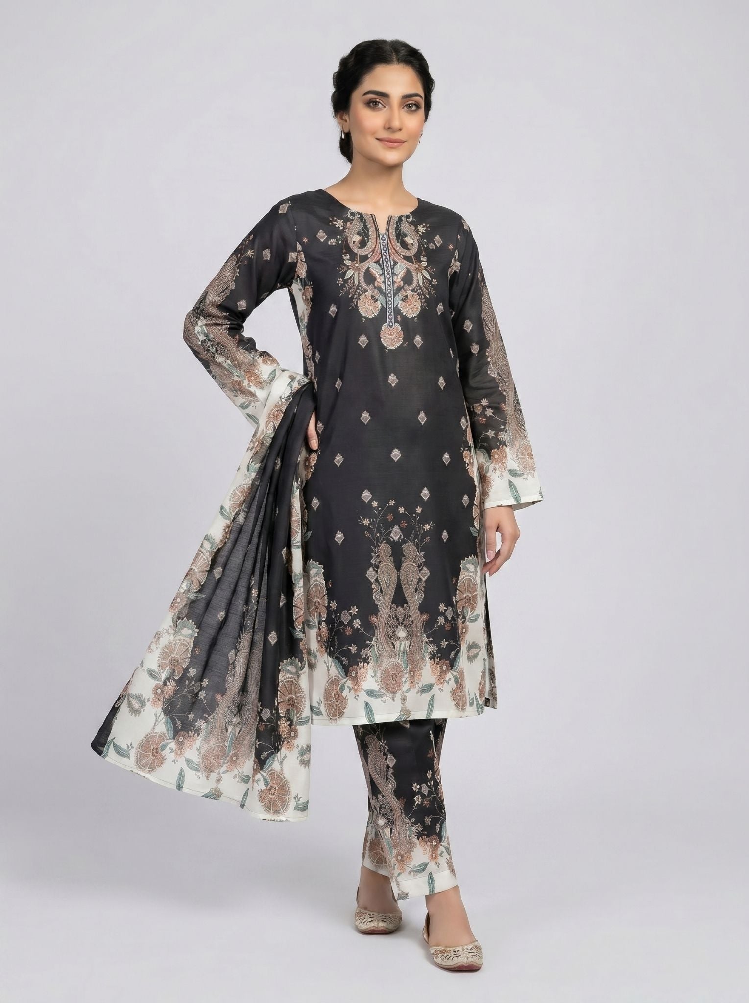 3 pcs Long length Banadorya lawn dress with self print. Comes with plazo and Dupatta