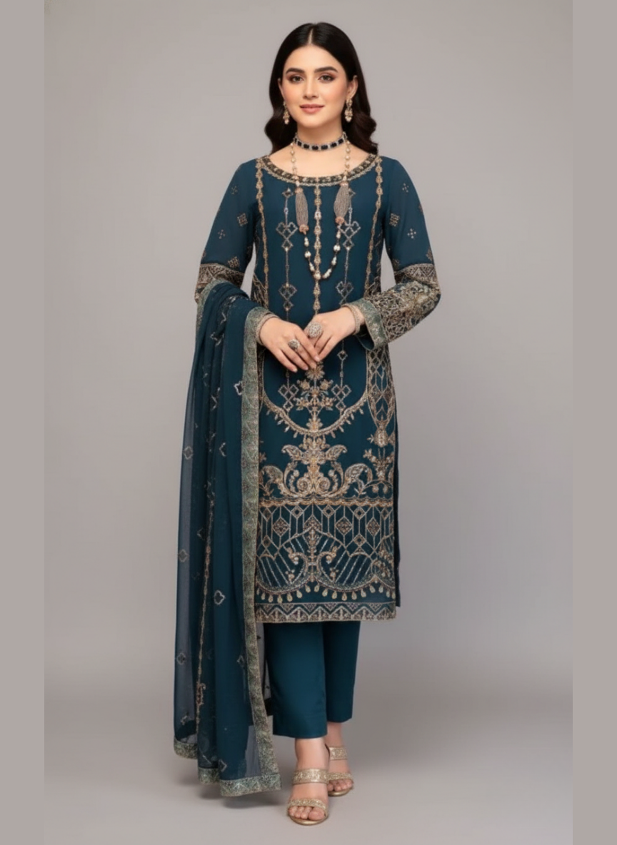 3 Pcs chiffon embroidered dress