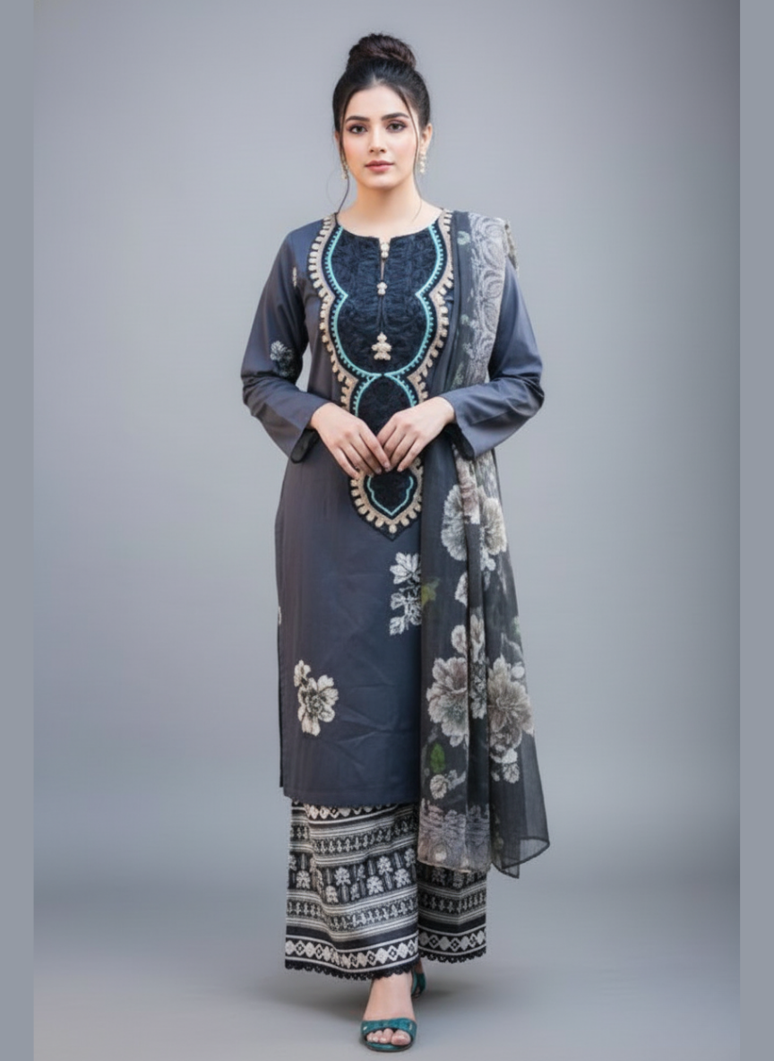 Embroidered Cotton 3pc Suit