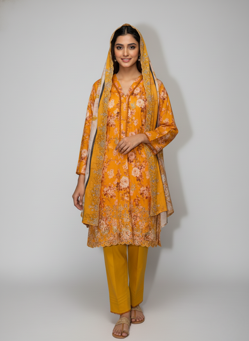 3 pc embroidered lawn dress