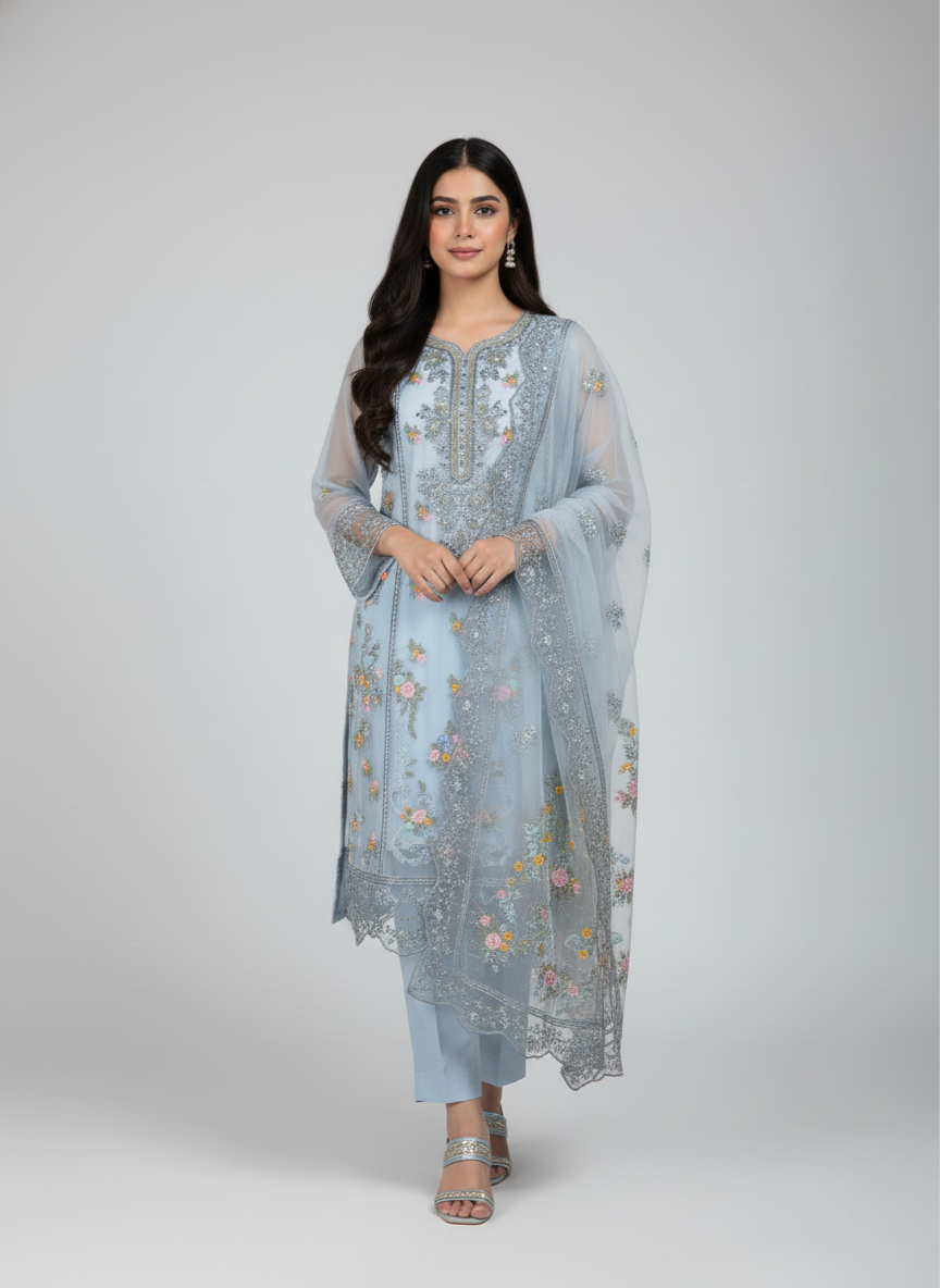 3 pc Pure Chiffon Embroidered Dress