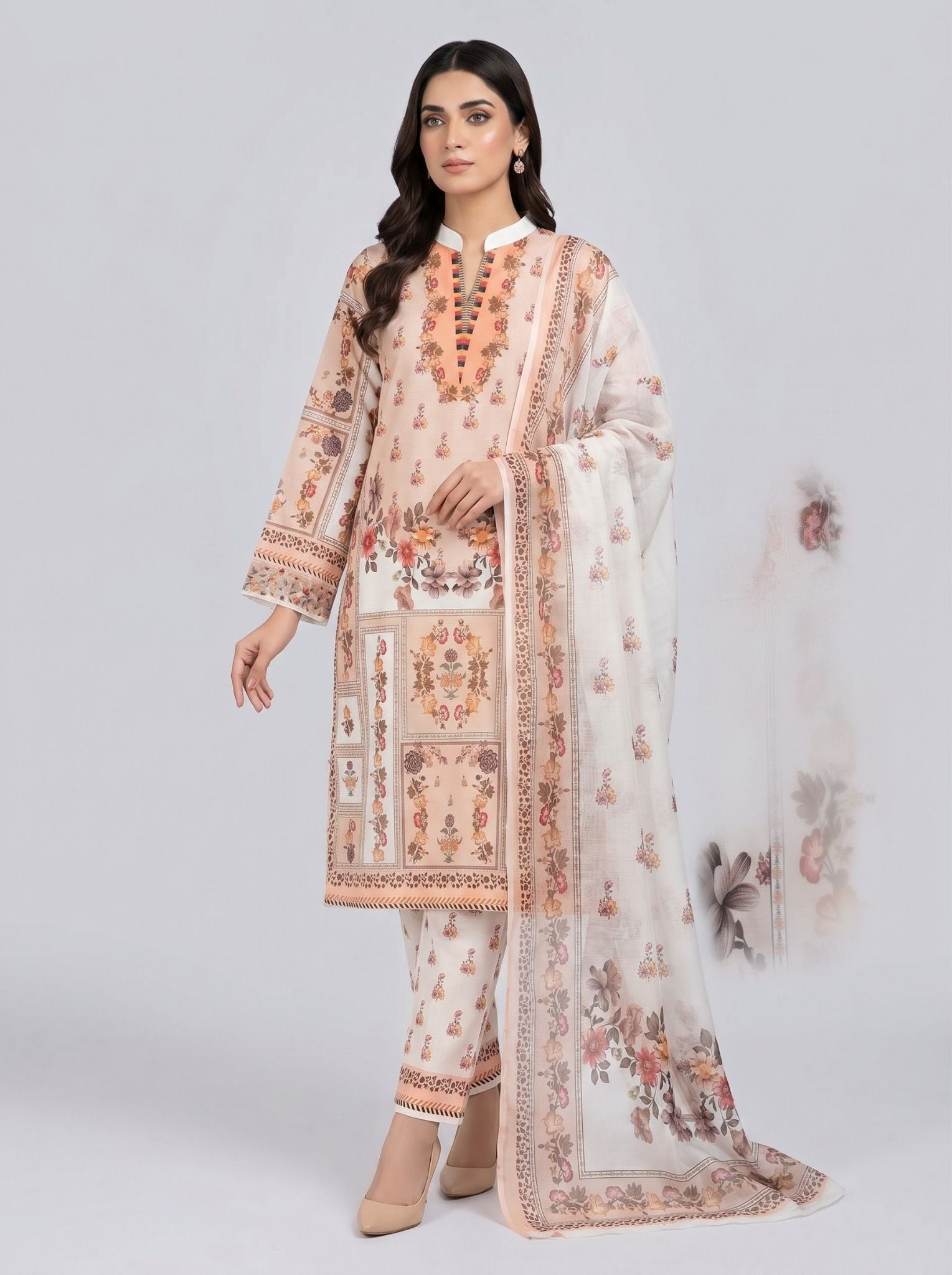 3 pcs Long length Banadorya lawn dress with self print. Comes with plazo and Dupatta