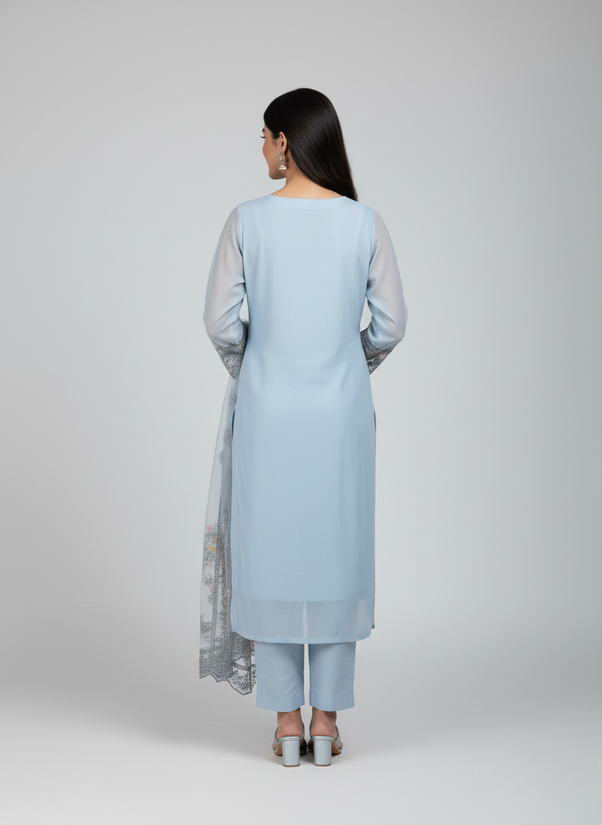 3 pc Pure Chiffon Embroidered Dress