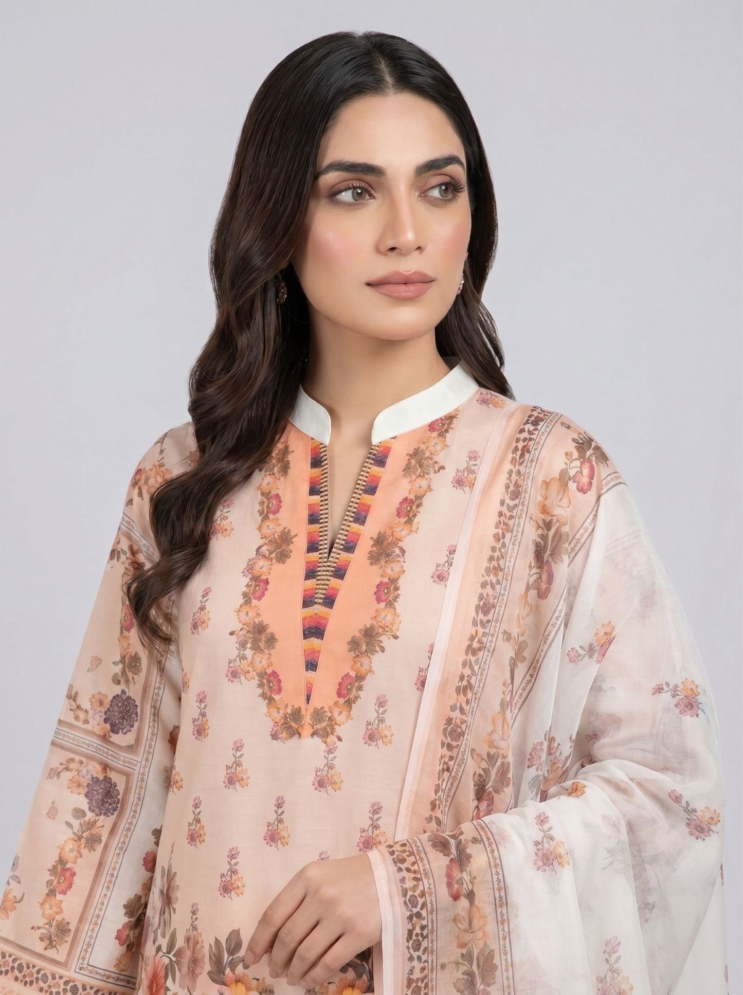 3 pcs Long length Banadorya lawn dress with self print. Comes with plazo and Dupatta