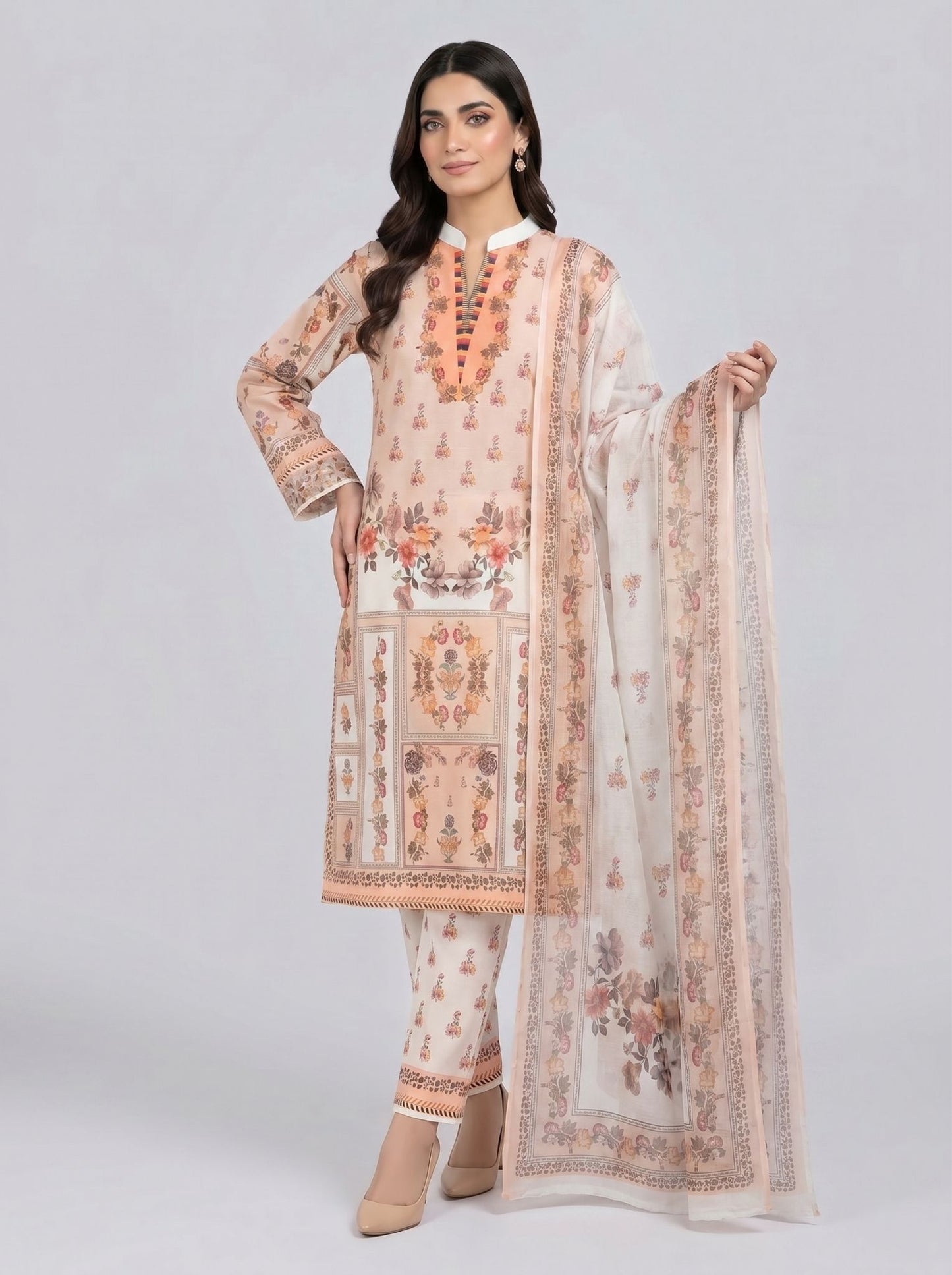 3 pcs Long length Banadorya lawn dress with self print. Comes with plazo and Dupatta
