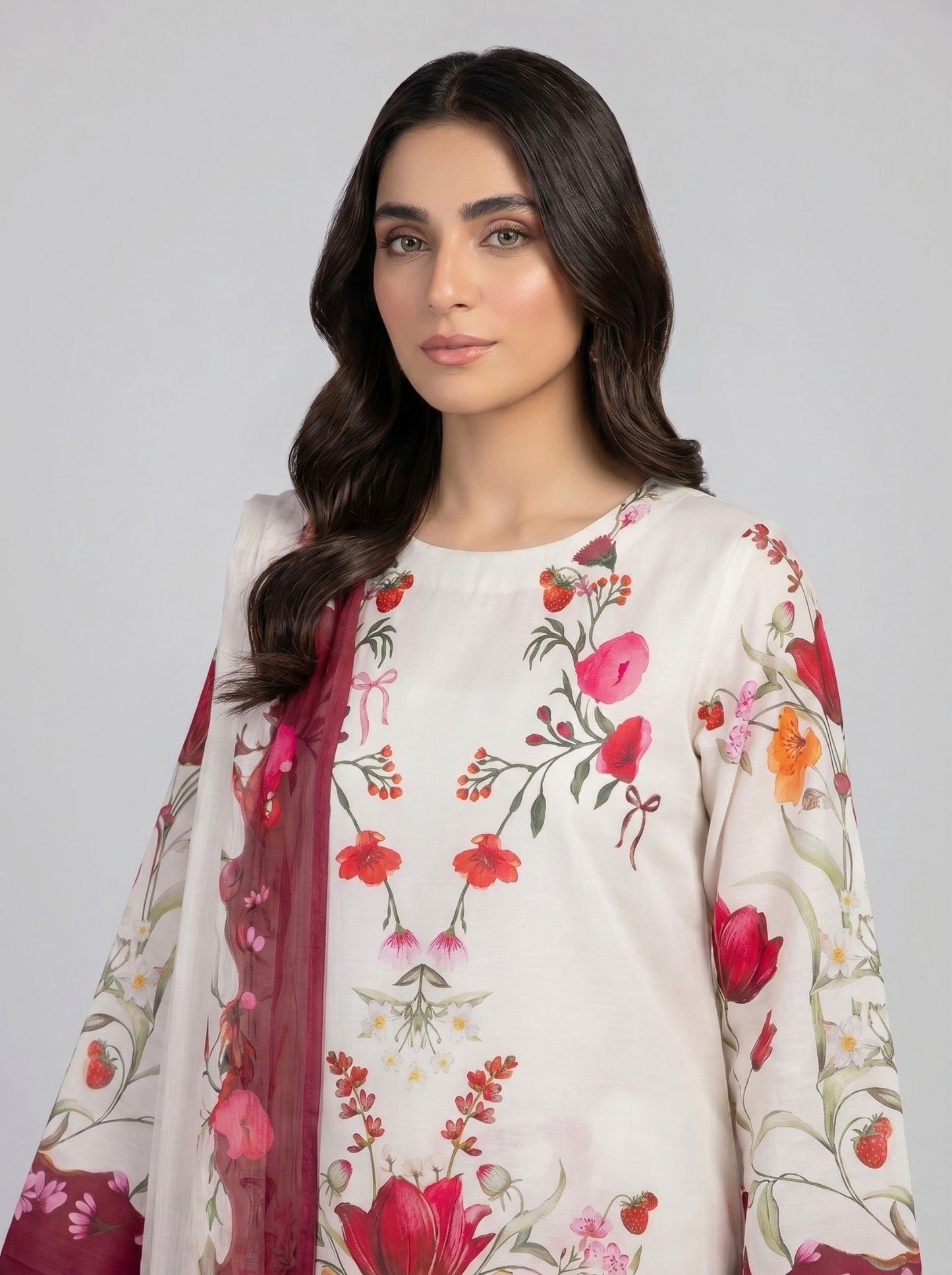 3 pcs Long length Banadorya lawn dress with self print. Comes with plazo and Dupatta