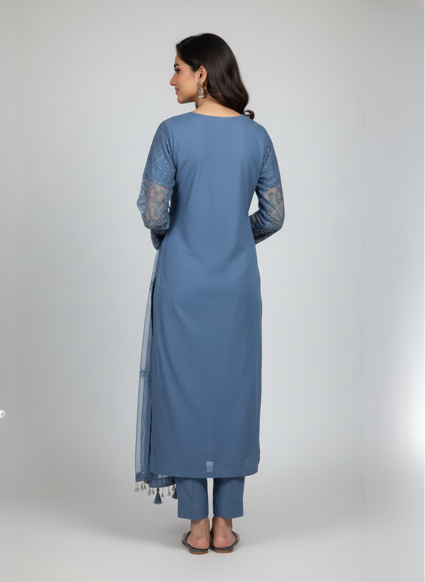 3 pc Pure Chiffon Embroidered Dress