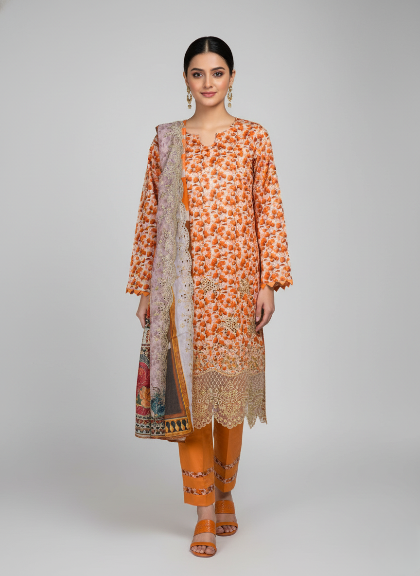 3 pc embroidered lawn dress