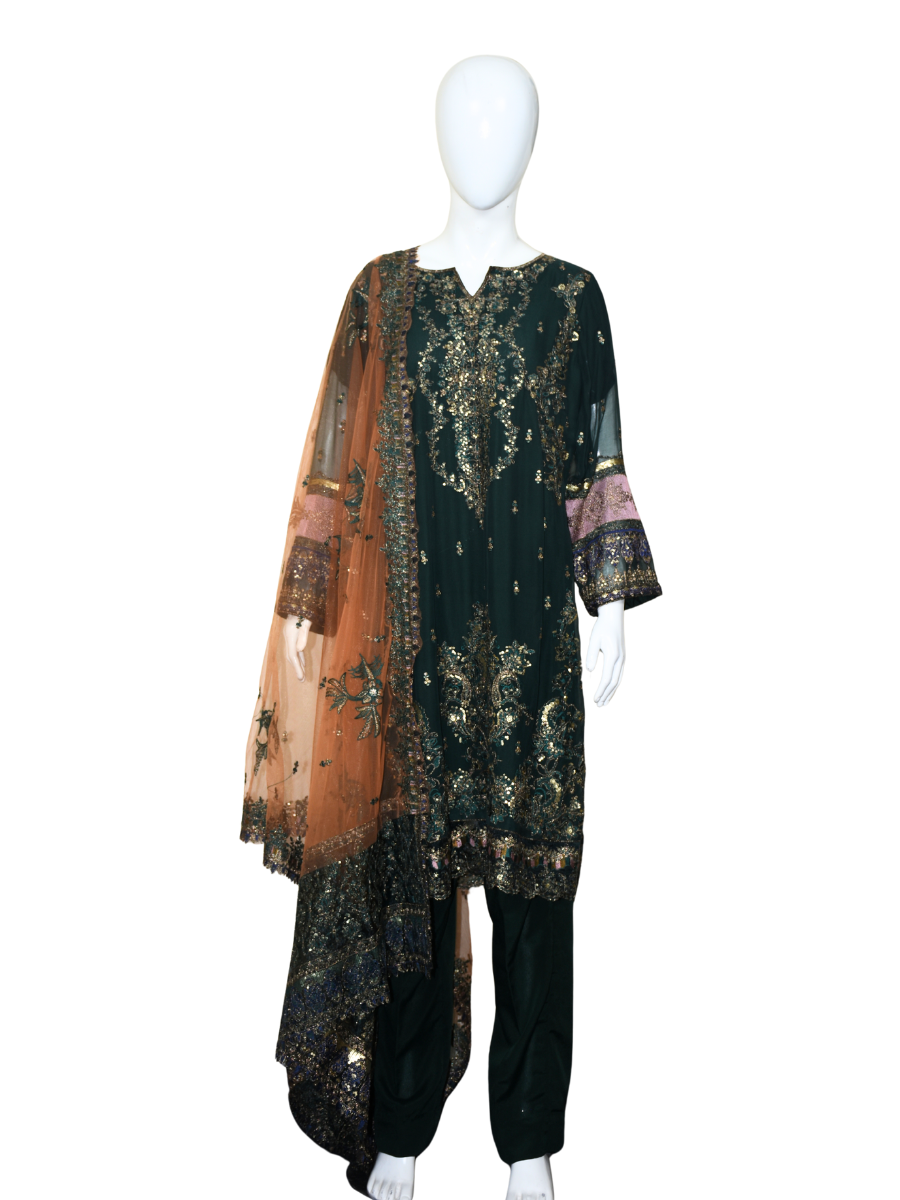 3 pc Pure Chiffon Embroidered Dress