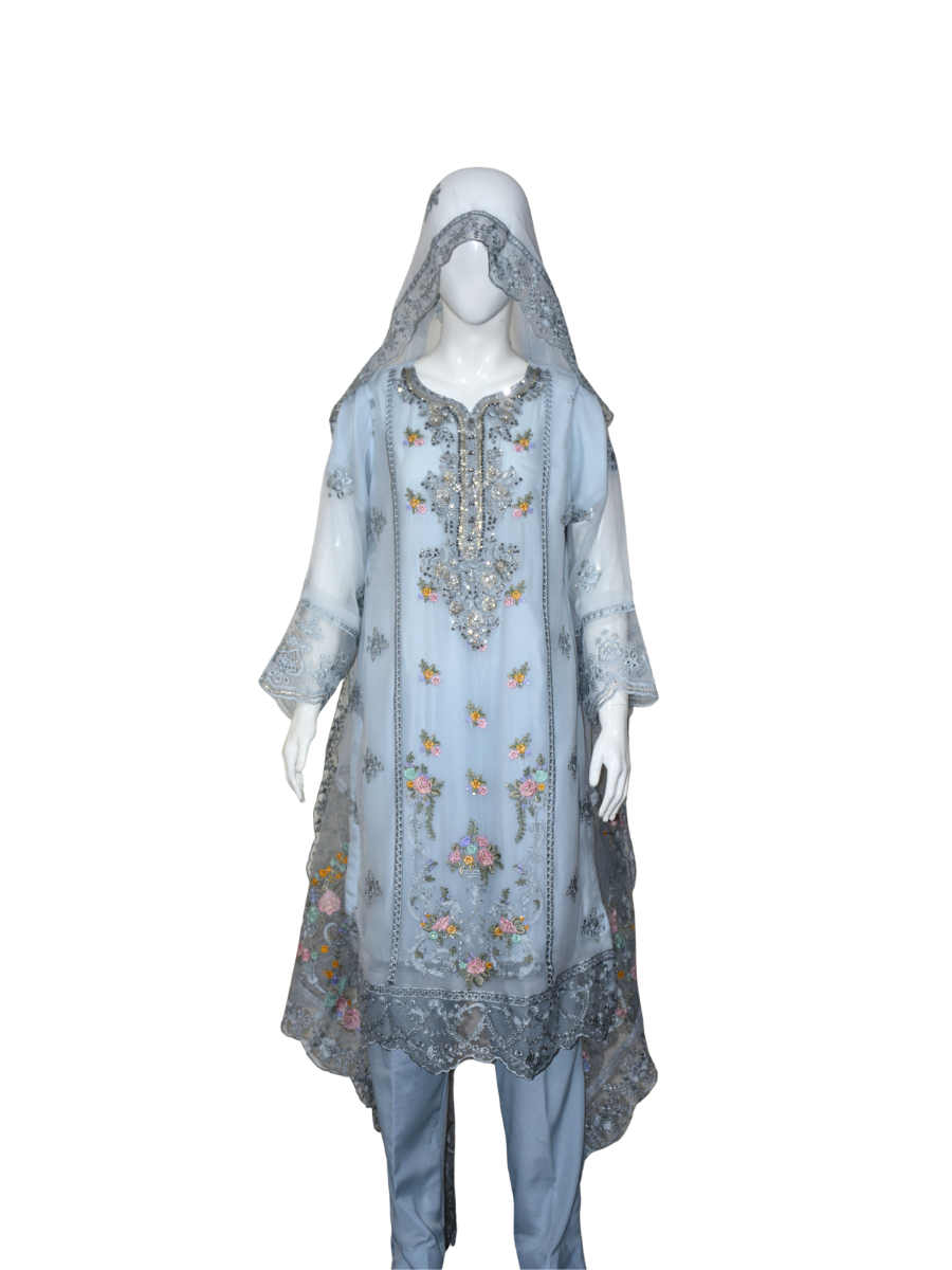 3 pc Pure Chiffon Embroidered Dress