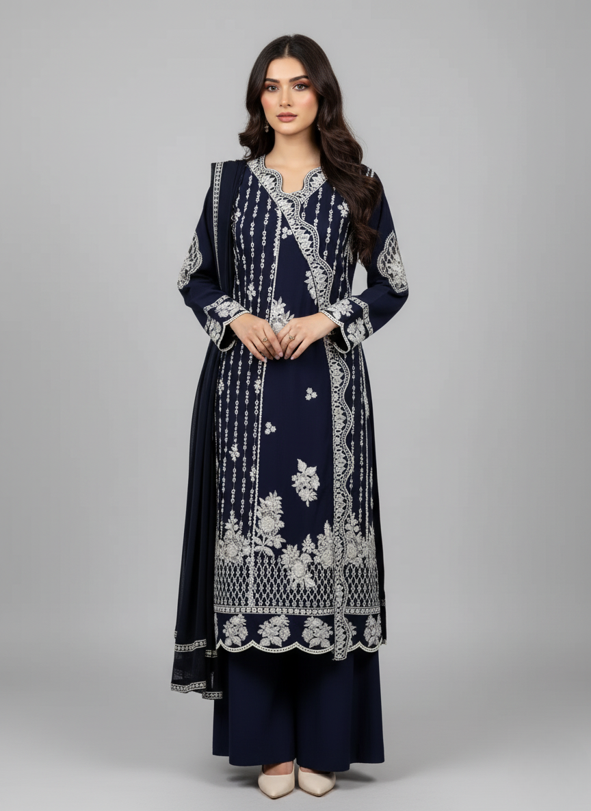 3pc lilen shifli and embroidered angrakha frock with sharara