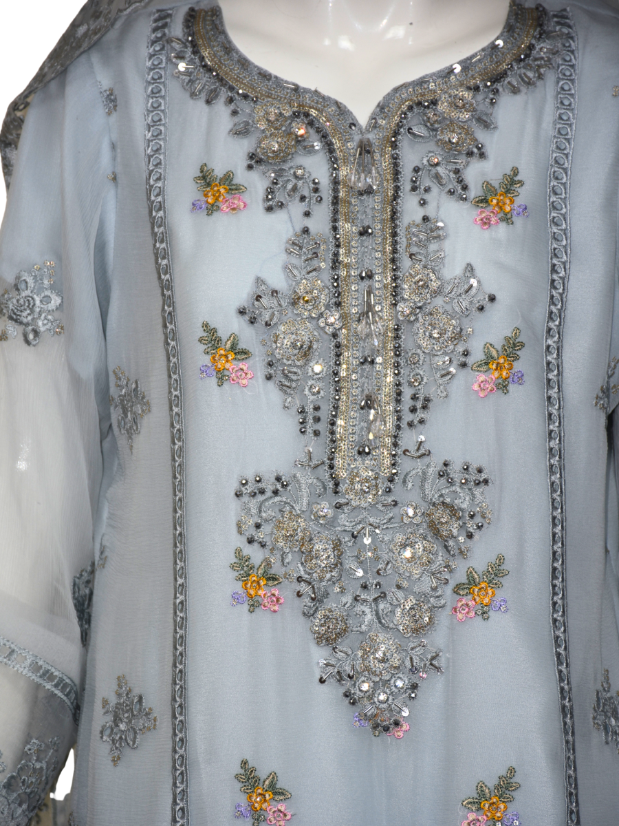 3 pc Pure Chiffon Embroidered Dress