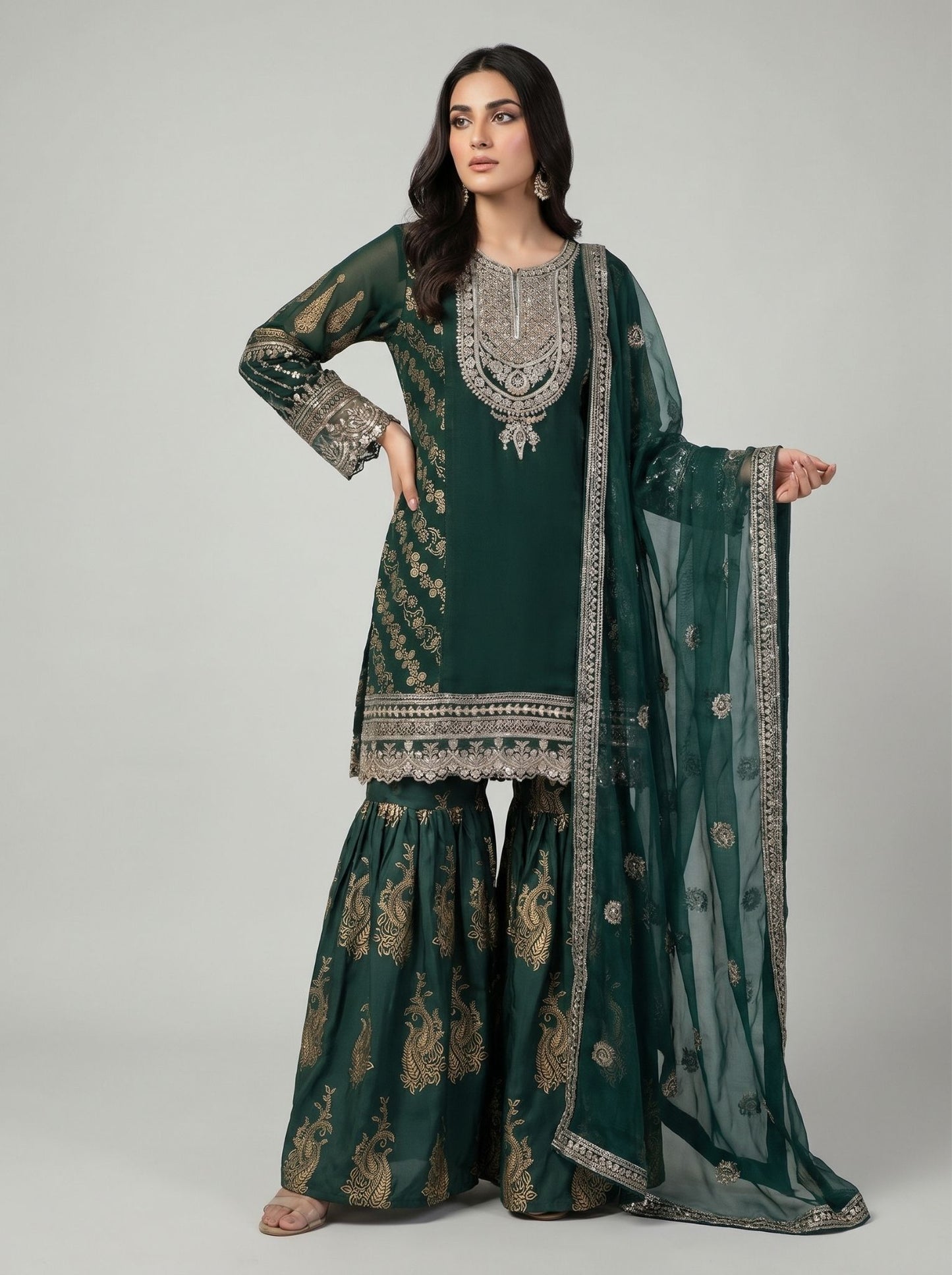 3 pcs chiffon flared gharara party wear.