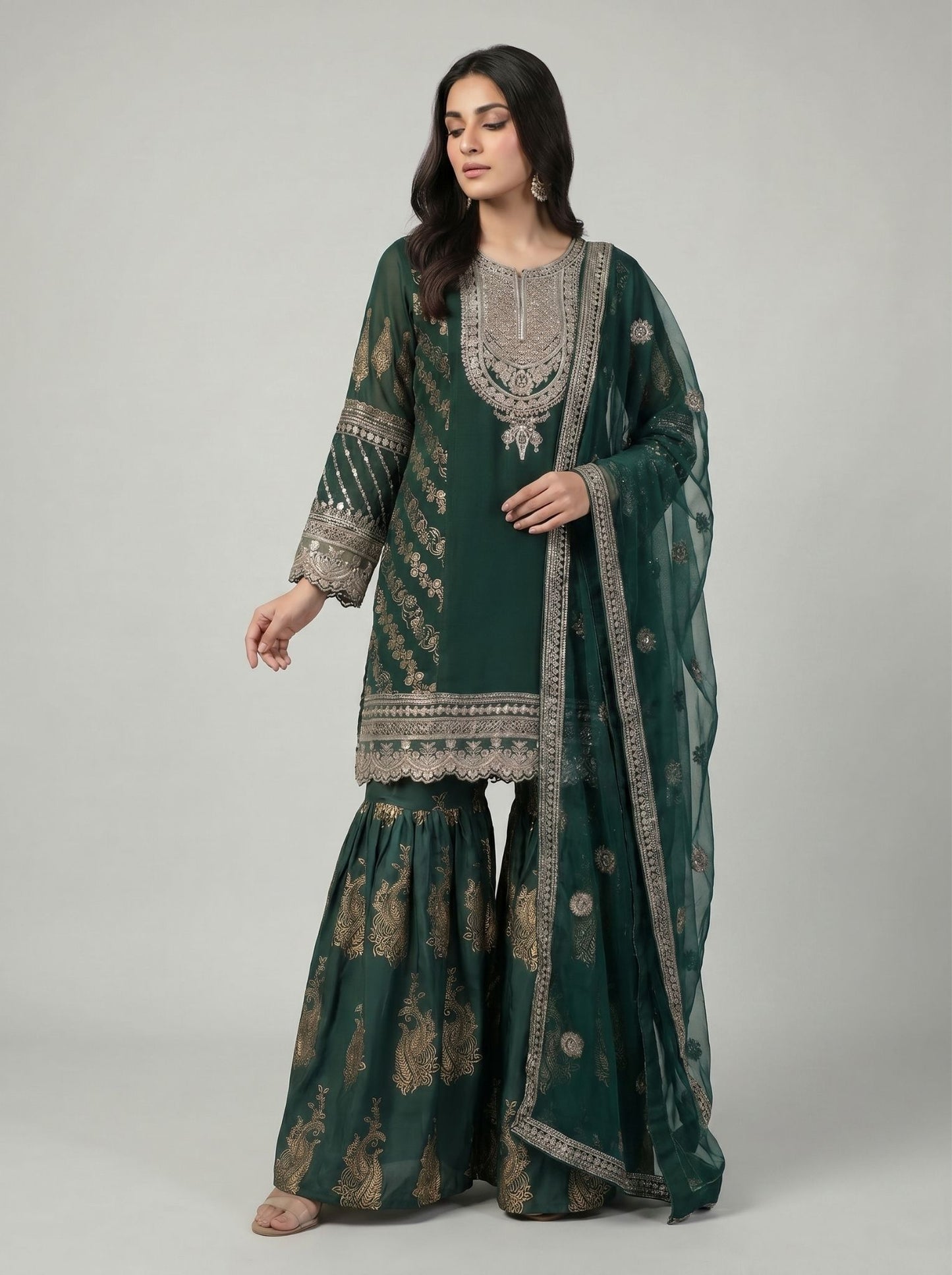 3 pcs chiffon flared gharara party wear.