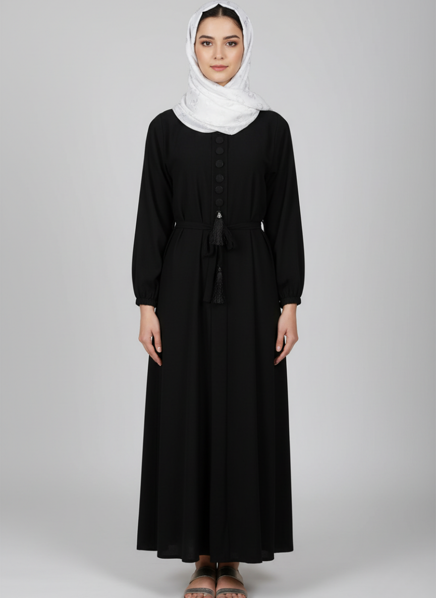 High-quality Nida fabric Abaya with Buttons and Tussles