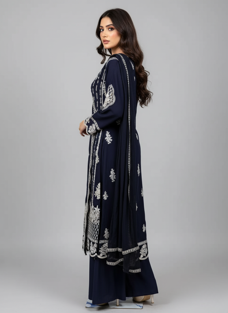 3pc lilen shifli and embroidered angrakha frock with sharara