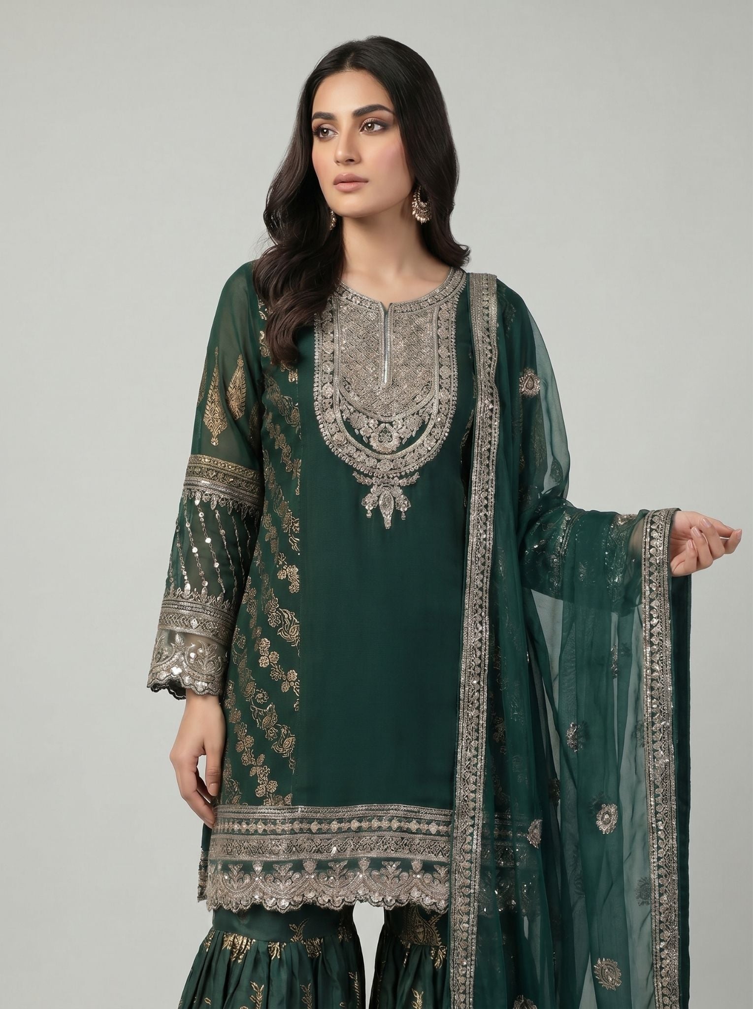 3 pcs chiffon flared gharara party wear.