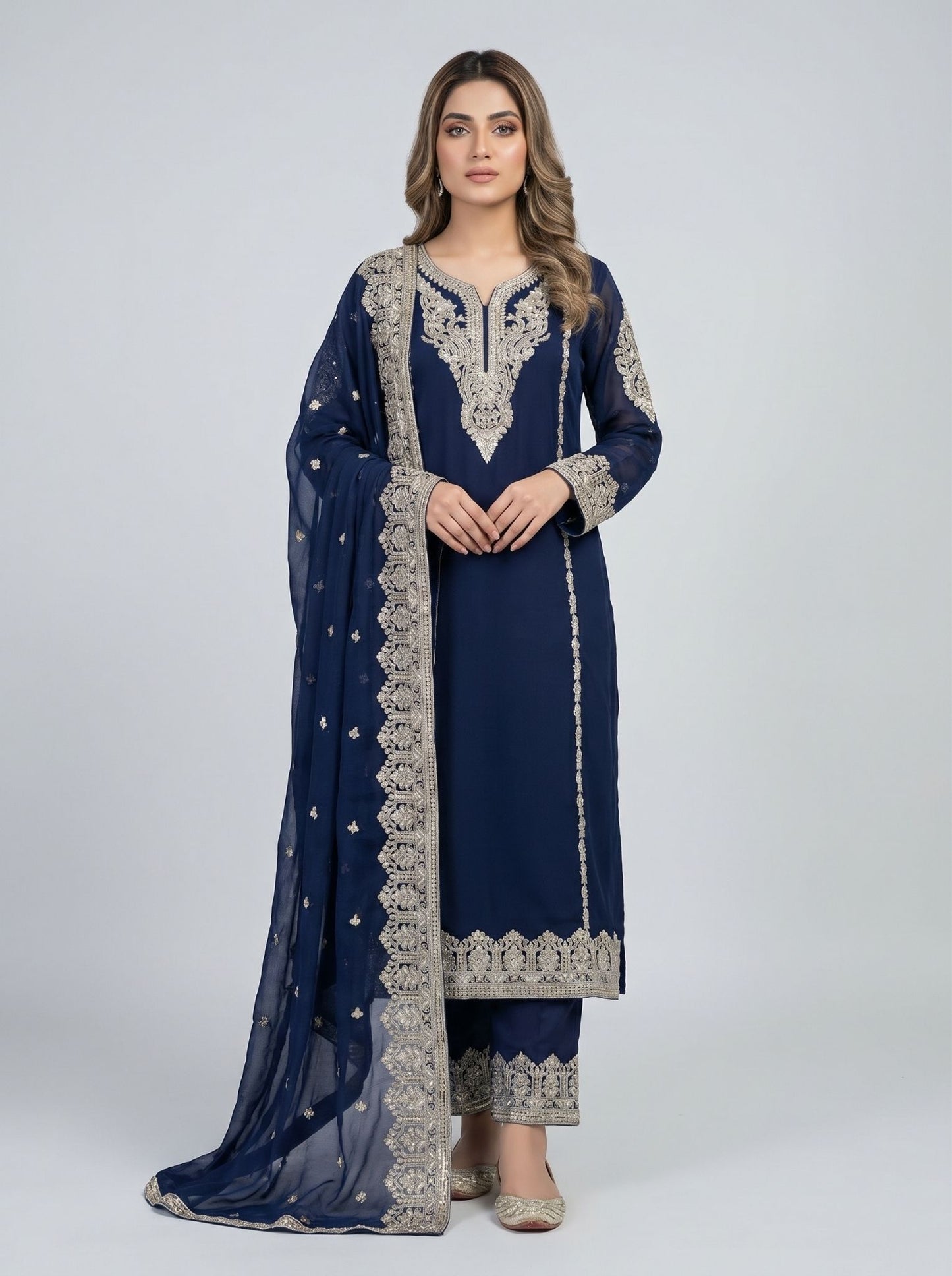 3 pcs chiffon plazo outfit with long kurta.