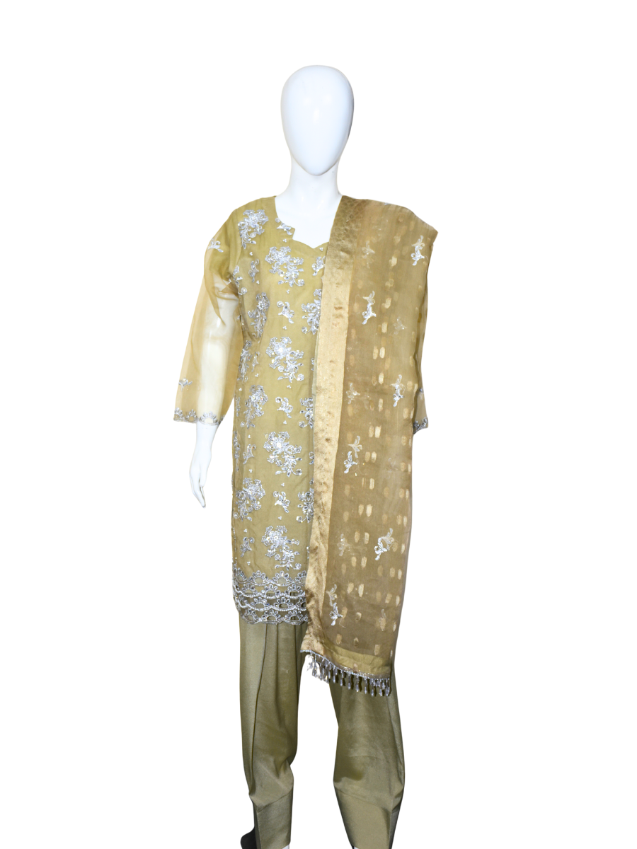 3 pcs soft organza with tilla and Sitara work