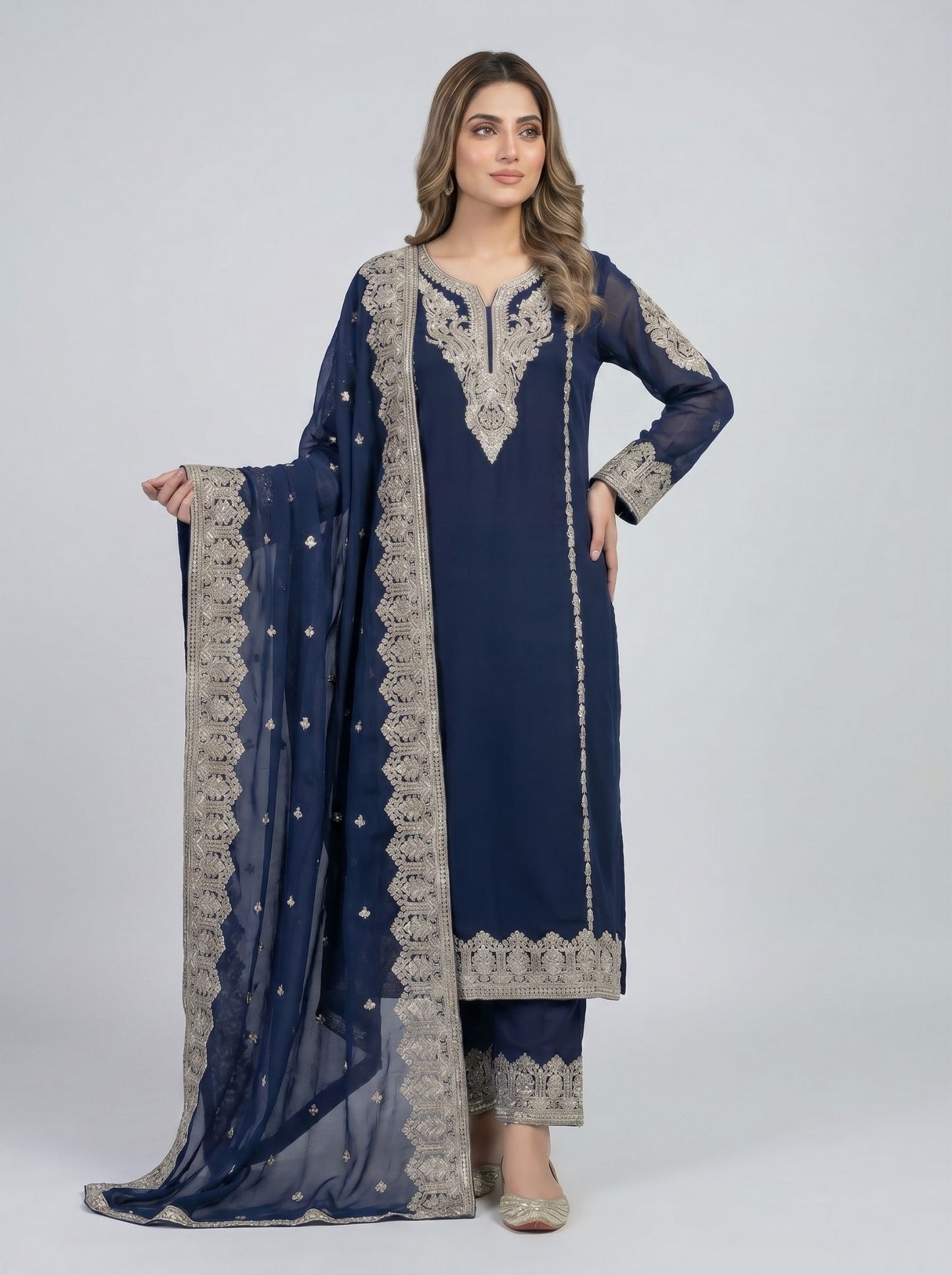 3 pcs chiffon plazo outfit with long kurta.