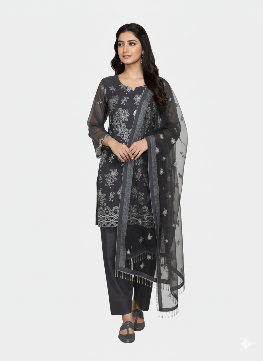 3 pcs soft organza with tilla and Sitara work