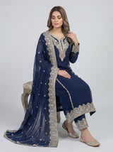 3 pcs chiffon plazo outfit with long kurta.