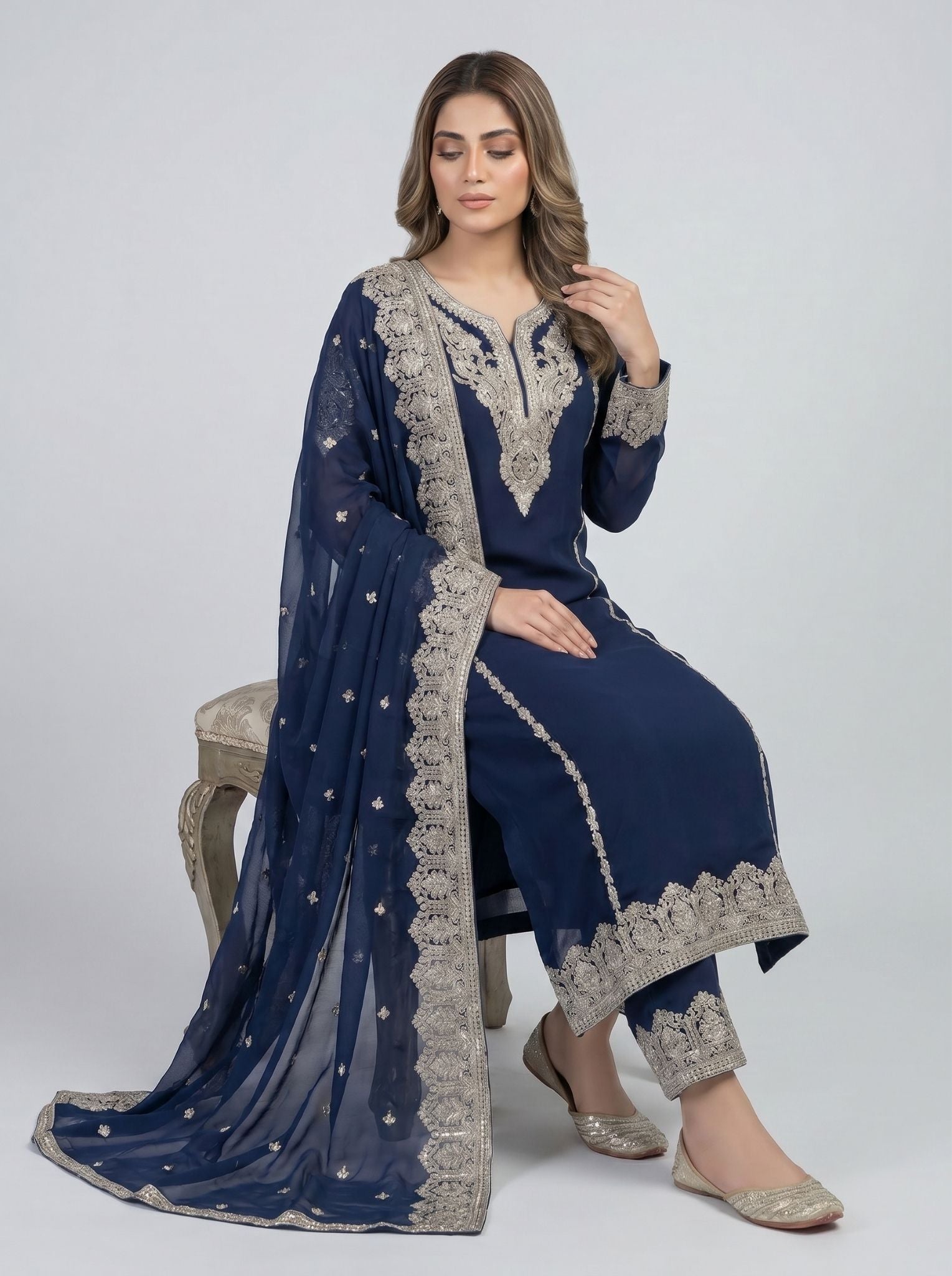 3 pcs chiffon plazo outfit with long kurta.