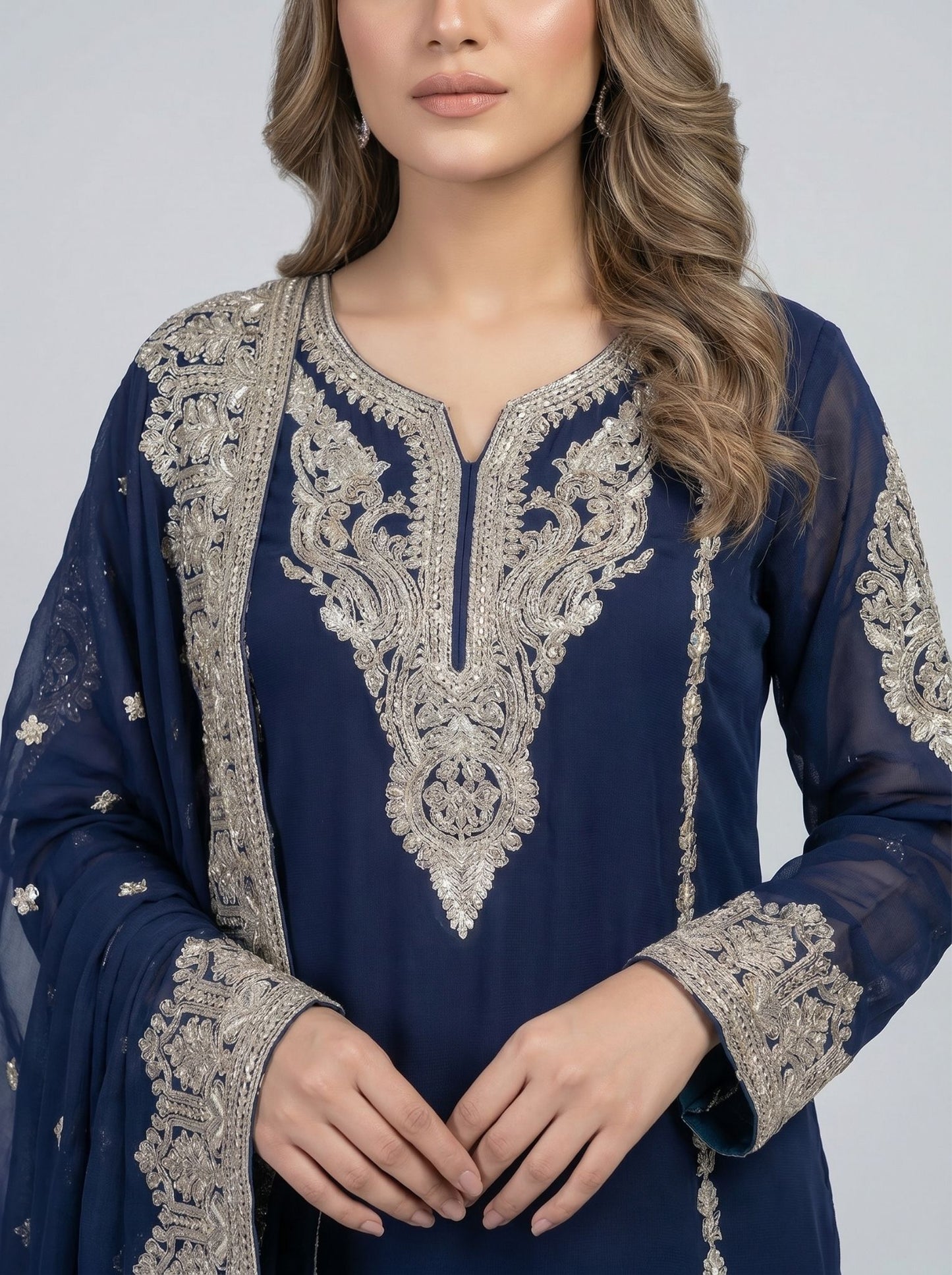 3 pcs chiffon plazo outfit with long kurta.