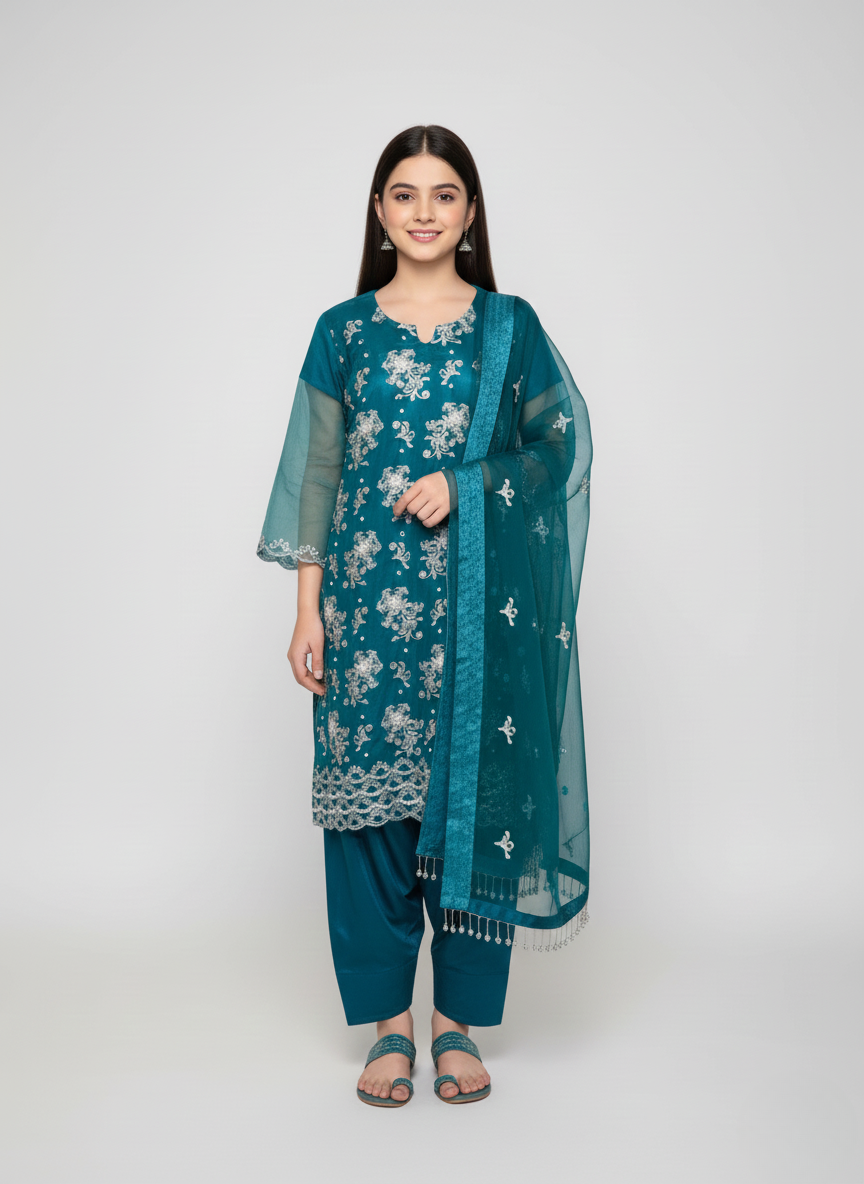 3 pcs soft organza with tilla and Sitara work