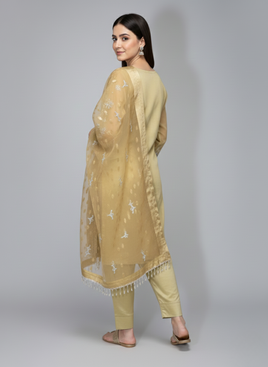 3 pcs soft organza with tilla and Sitara work