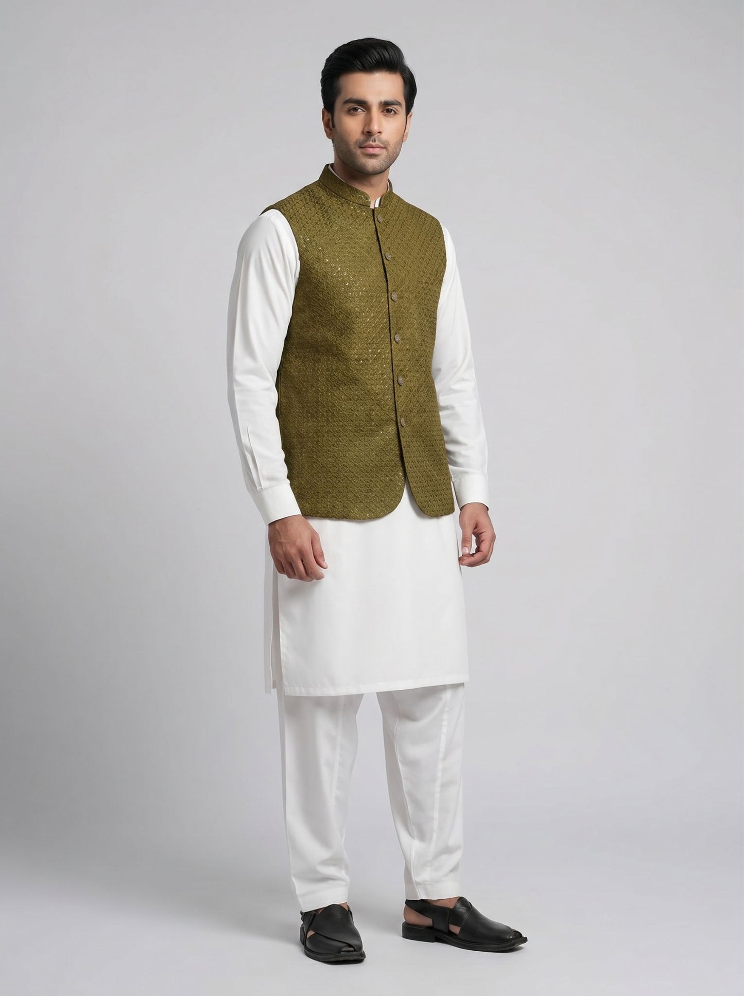 Boski Qameez Shalwar with fancy waist coat.