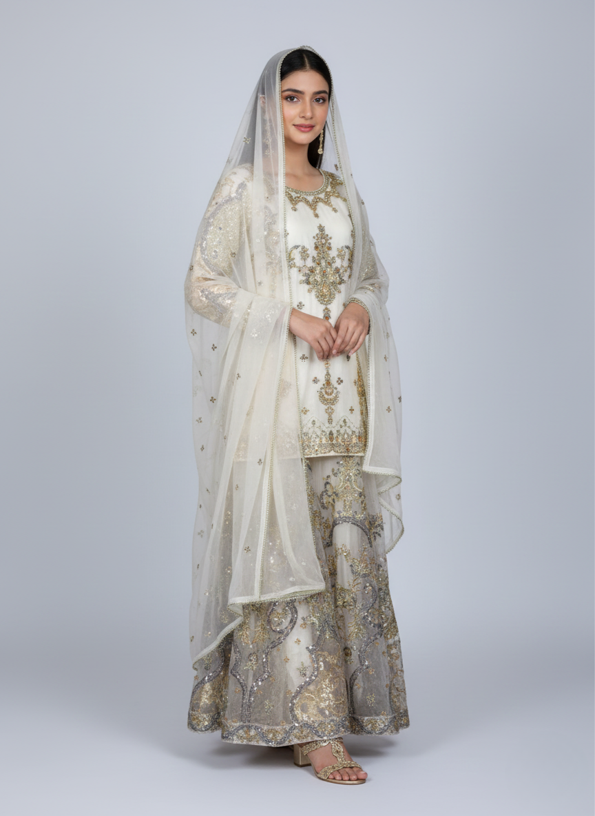 Soft Organza Lehnga with Tilla, Sitara and Thread Work