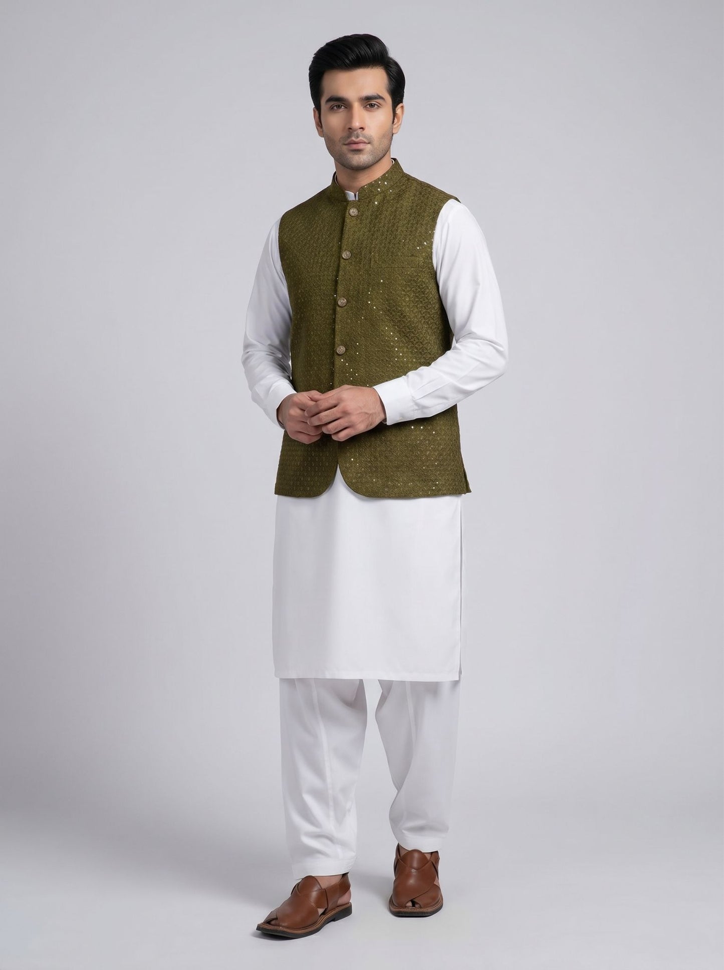 Boski Qameez Shalwar with fancy waist coat.